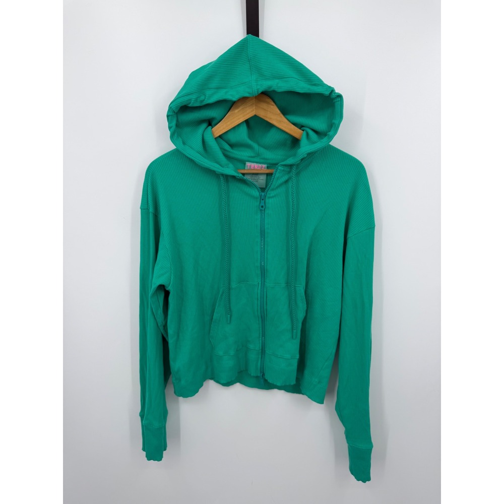 Terez Ribbed Zip Up Hoodie Women XL Green Cropped Lightweight Sweatshirt 2901